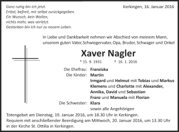 Traueranzeige von Xaver Nagler von Schwäbische Post