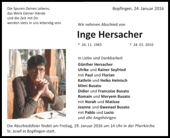 Traueranzeige von Inge Hersacher von Schwäbische Post
