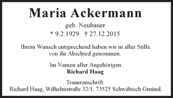 Traueranzeige von Maria Ackermann von Gmünder Tagespost