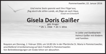 Traueranzeige von Gisela Doris Gaißer von Schwäbische Post