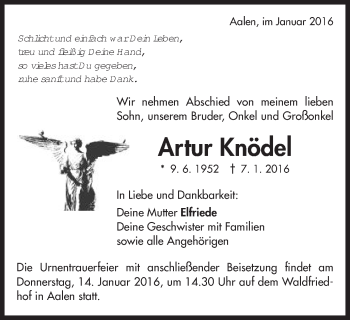 Traueranzeige von Artur Knödel von Schwäbische Post