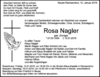 Traueranzeige von Rosa Nagler von Schwäbische Post