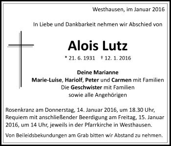 Traueranzeige von Alois Lutz von Schwäbische Post