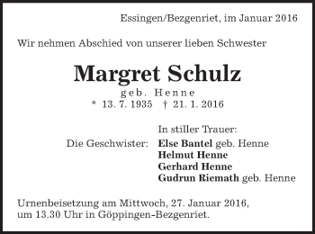 Traueranzeige von Margret Schulz von Schwäbische Post