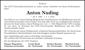 Traueranzeige von Anton Nuding von Schwäbische Post