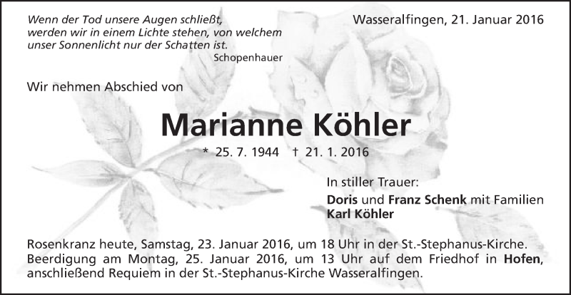  Traueranzeige für Marianne Köhler vom 23.01.2016 aus Schwäbische Post