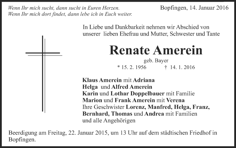  Traueranzeige für Renate Amerein vom 18.01.2016 aus Schwäbische Post