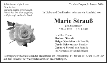 Traueranzeige von Marie Strauß von Schwäbische Post