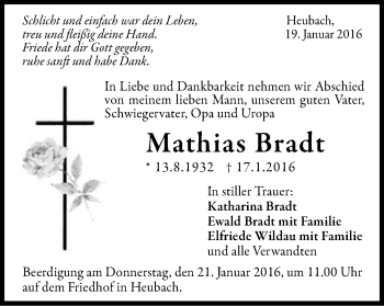 Traueranzeige von Mathias Bradt von Gmünder Tagespost