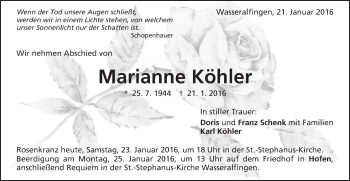 Traueranzeige von Marianne Köhler von Schwäbische Post
