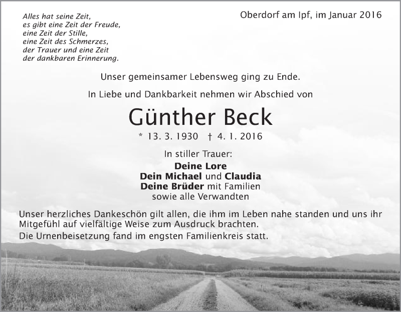  Traueranzeige für Günther Beck vom 13.01.2016 aus Schwäbische Post