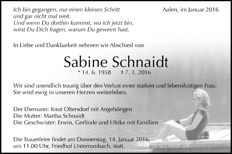  Traueranzeige für Sabine Schnaidt vom 11.01.2016 aus Schwäbische Post