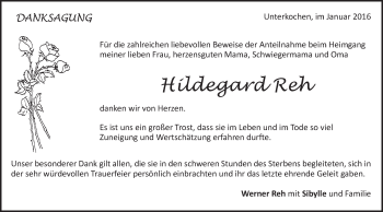 Traueranzeige von Hildegard Reh von Schwäbische Post