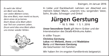 Traueranzeige von Jürgen Gerstung von Schwäbische Post