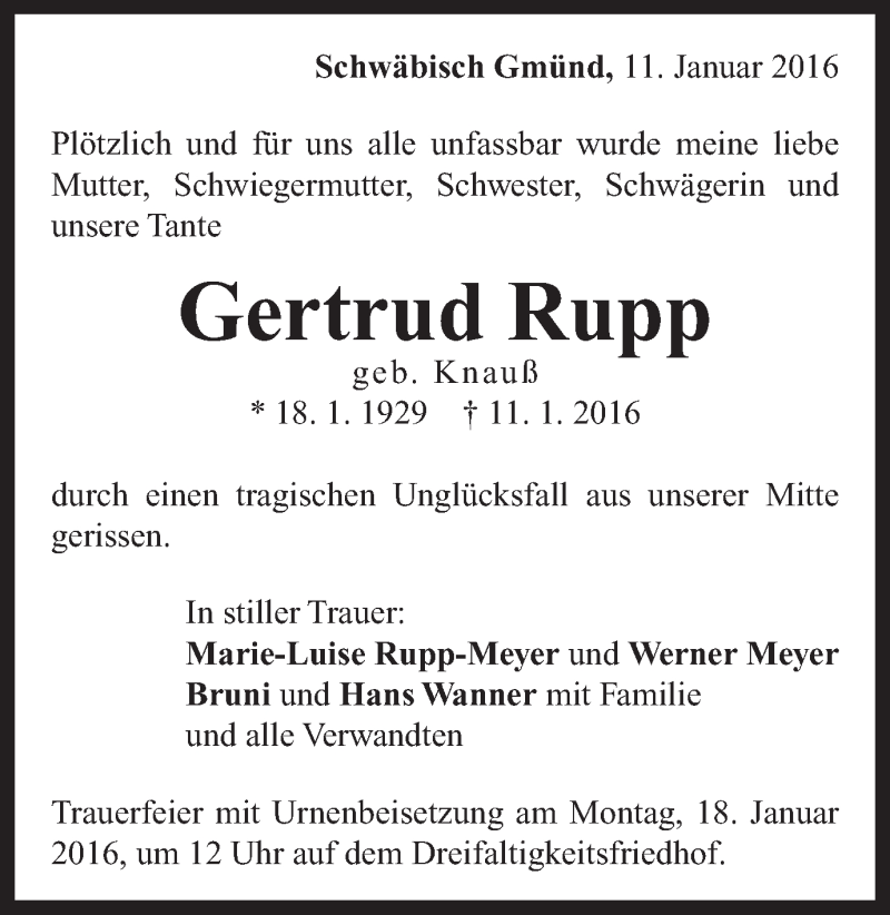  Traueranzeige für Gertrud Rupp vom 13.01.2016 aus Gmünder Tagespost