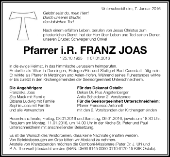 Traueranzeige von Franz Joas von Schwäbische Post