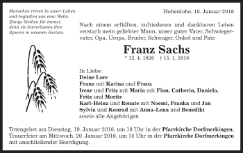 Traueranzeige von Franz Sachs von Schwäbische Post