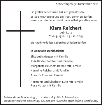 Traueranzeige von Klara Reichert