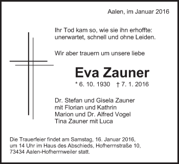 Traueranzeige von Eva Zauner von Schwäbische Post