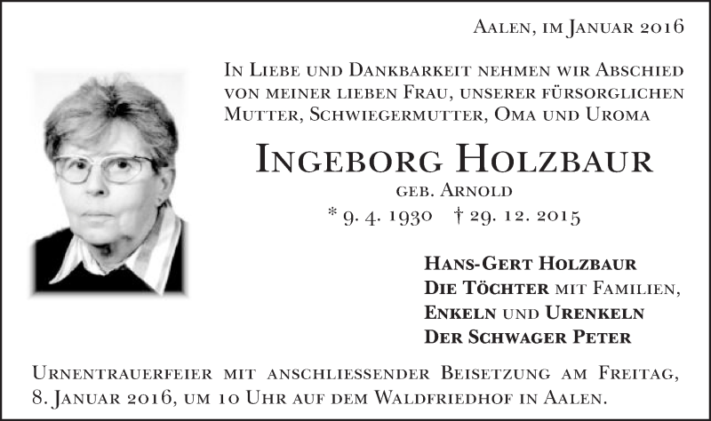  Traueranzeige für Ingeborg Holzbaur vom 05.01.2016 aus Schwäbische Post