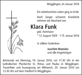Traueranzeige von Klara Funk von Gmünder Tagespost