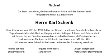 Traueranzeige von Karl Schenk von Schwäbische Post