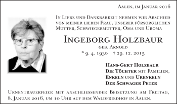 Traueranzeige von Ingeborg Holzbaur von Schwäbische Post