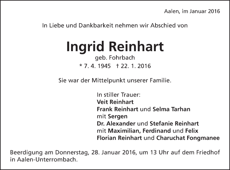 Traueranzeige für Ingrid Reinhart vom 23.01.2016 aus Schwäbische Post