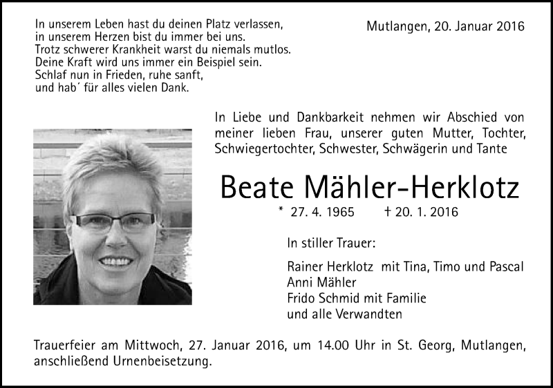 Traueranzeige für Beate Mähler-Herklotz vom 23.01.2016 aus Gmünder Tagespost