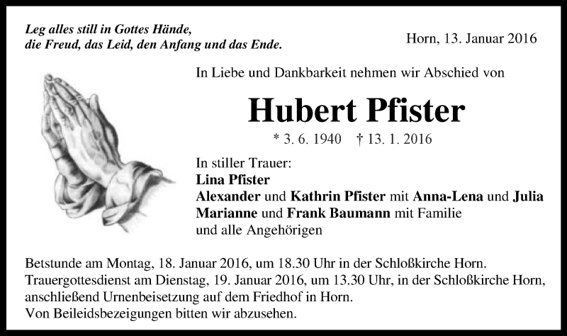  Traueranzeige für Hubert Pfister vom 16.01.2016 aus Gmünder Tagespost