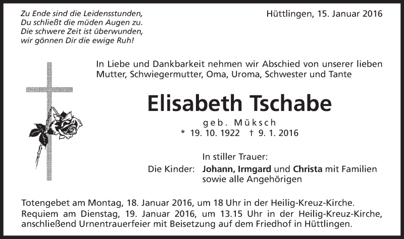 Traueranzeige für Elisabeth Tschabe vom 15.01.2016 aus Schwäbische Post
