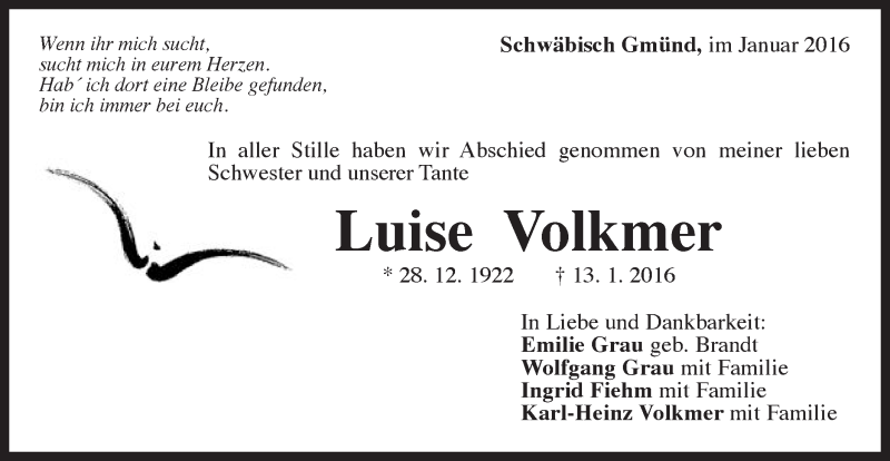  Traueranzeige für Luise Volkmer vom 21.01.2016 aus Gmünder Tagespost