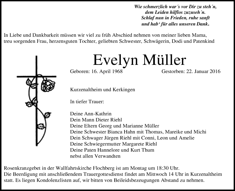  Traueranzeige für Evelyn Müller vom 25.01.2016 aus Schwäbische Post
