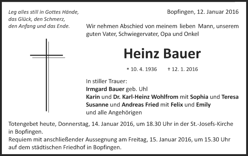  Traueranzeige für Heinz Bauer vom 14.01.2016 aus Schwäbische Post