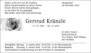 Traueranzeige von Gertrud Kränzle von Schwäbische Post