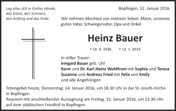 Traueranzeige von Heinz Bauer von Schwäbische Post