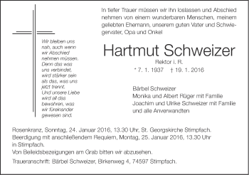 Traueranzeige von Hartmut Schweizer von Schwäbische Post