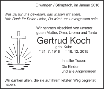 Traueranzeige von Gertrud Koch von Schwäbische Post