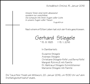Traueranzeige von Gerhard Stiegele von Gmünder Tagespost