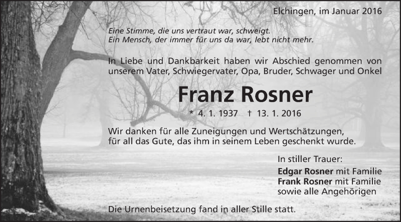  Traueranzeige für Franz Rosner vom 23.01.2016 aus Schwäbische Post