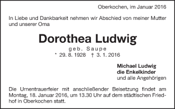 Traueranzeige von Dorothea Ludwig von Schwäbische Post