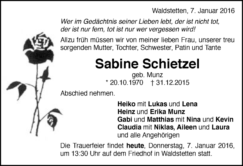  Traueranzeige für Sabine Schietzel vom 07.01.2016 aus Gmünder Tagespost