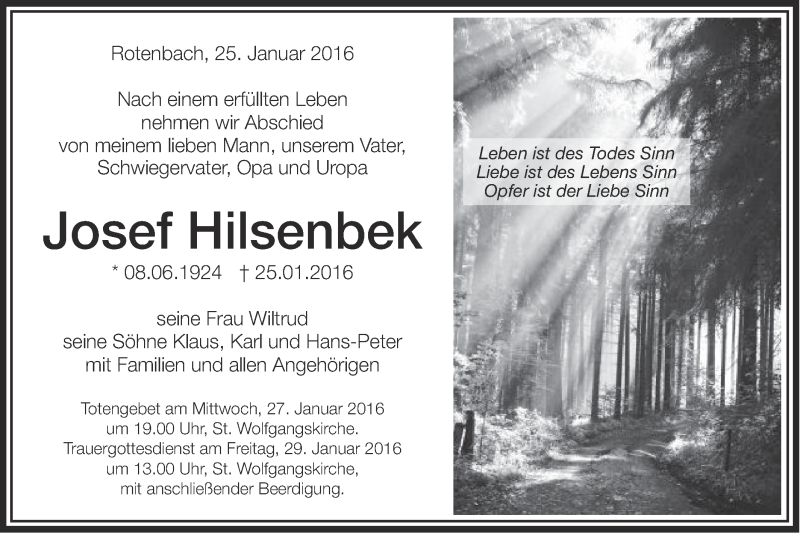  Traueranzeige für Josef Hilsenbek vom 26.01.2016 aus Schwäbische Post