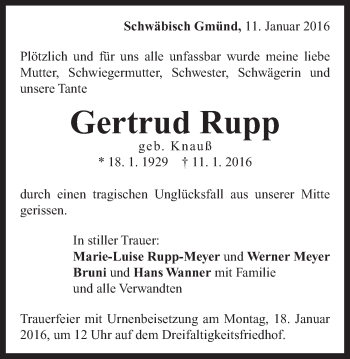 Traueranzeige von Gertrud Rupp von Gmünder Tagespost