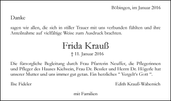 Traueranzeige von Frida Krauß von Gmünder Tagespost