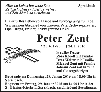 Traueranzeige von Peter Zent von Gmünder Tagespost