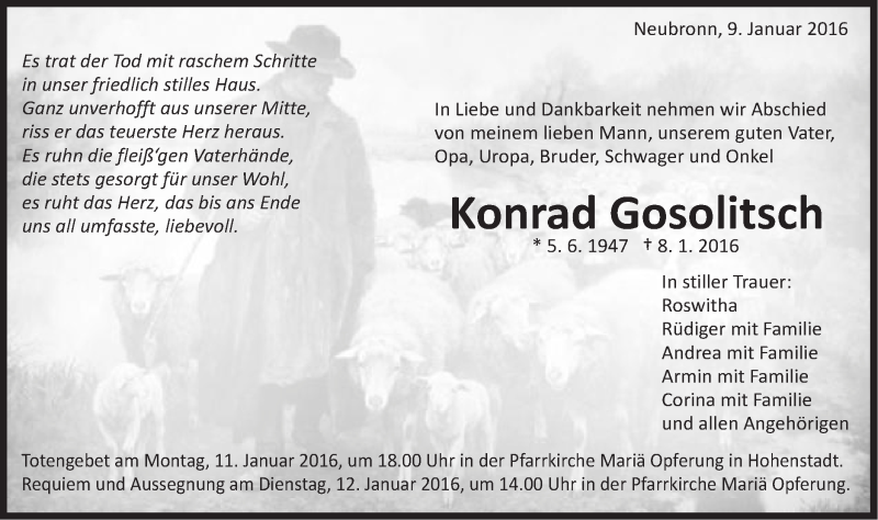  Traueranzeige für Konrad Gosolitsch vom 09.01.2016 aus Schwäbische Post
