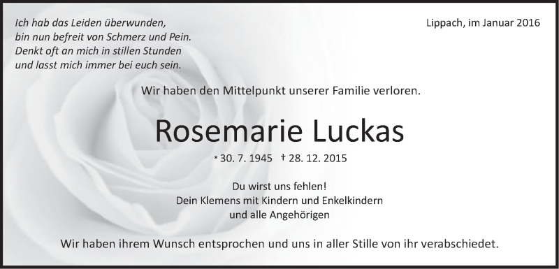  Traueranzeige für Rosemarie Luckas vom 08.01.2016 aus Schwäbische Post