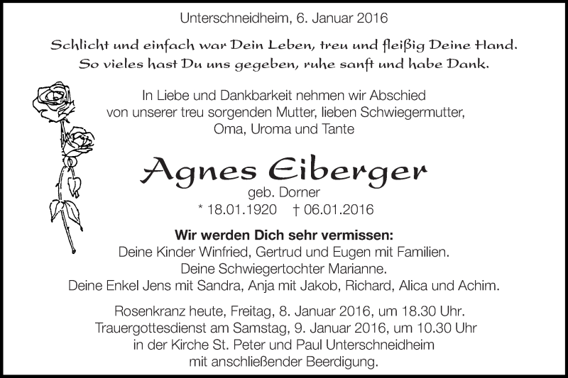  Traueranzeige für Agnes Eiberger vom 08.01.2016 aus Schwäbische Post