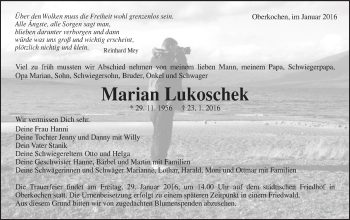 Traueranzeige von Marian Lukoschek von Schwäbische Post
